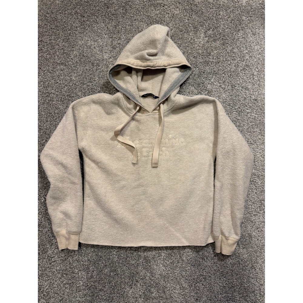 Abercrombie Fitch Sweatshirt Womens XS Tan Sherpa Fleece Cropped Hoodie Crop Top